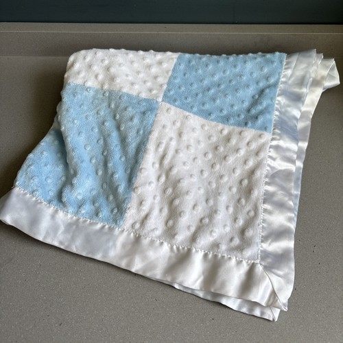 Just Born Baby Blanket Patchwork Satin Trim Minky Blue White