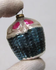 VTG Glass Embossed FLOWER BASKET Mini Feather Tree Christmas Ornament Japan BLUE