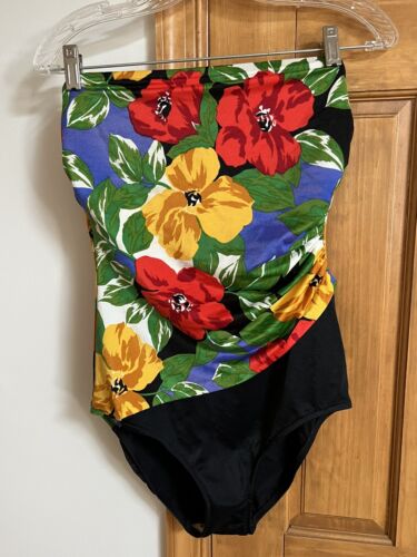 Sirena Vintage Badeanzug Badeanzug trägerlos Blumenmuster schwarz GRÖSSE 14 - Bild 1 von 9