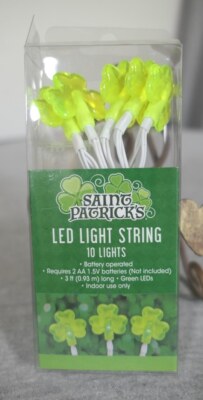 NEW AA Battery 3 Leaf Clover St. Patrick's Day 10 LED Lights String Décor 3' L