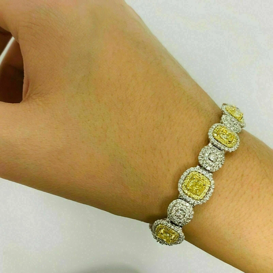 15Ct Cushion Cut Yellow Sapphire Diamond 7.5 Tennis Bracelet 14K White Gold over - Image 4 of 4