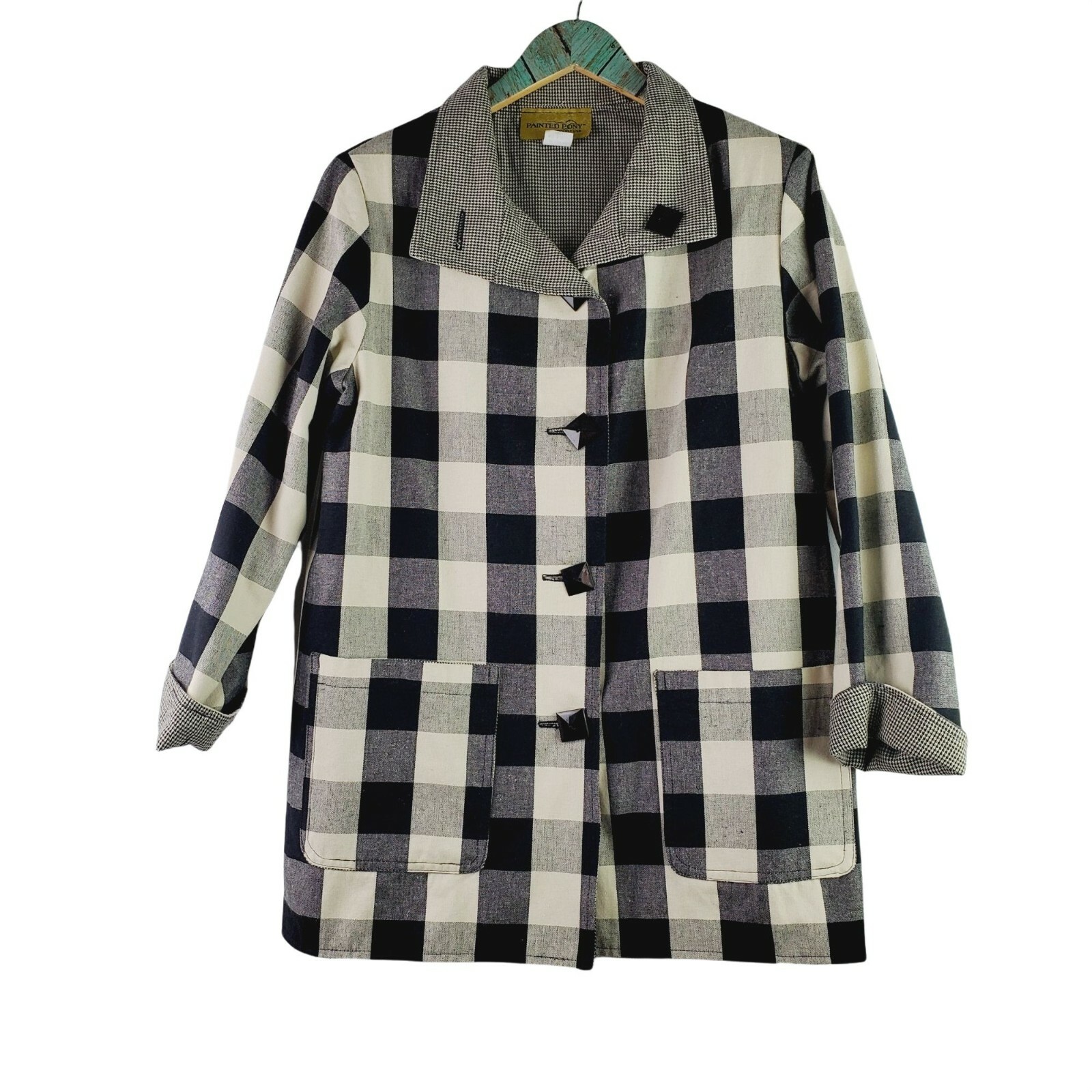 Giacca vintage dipinta pony REVERSIBILE bufalo a quadri pied de poule con bottoni USA taglia S