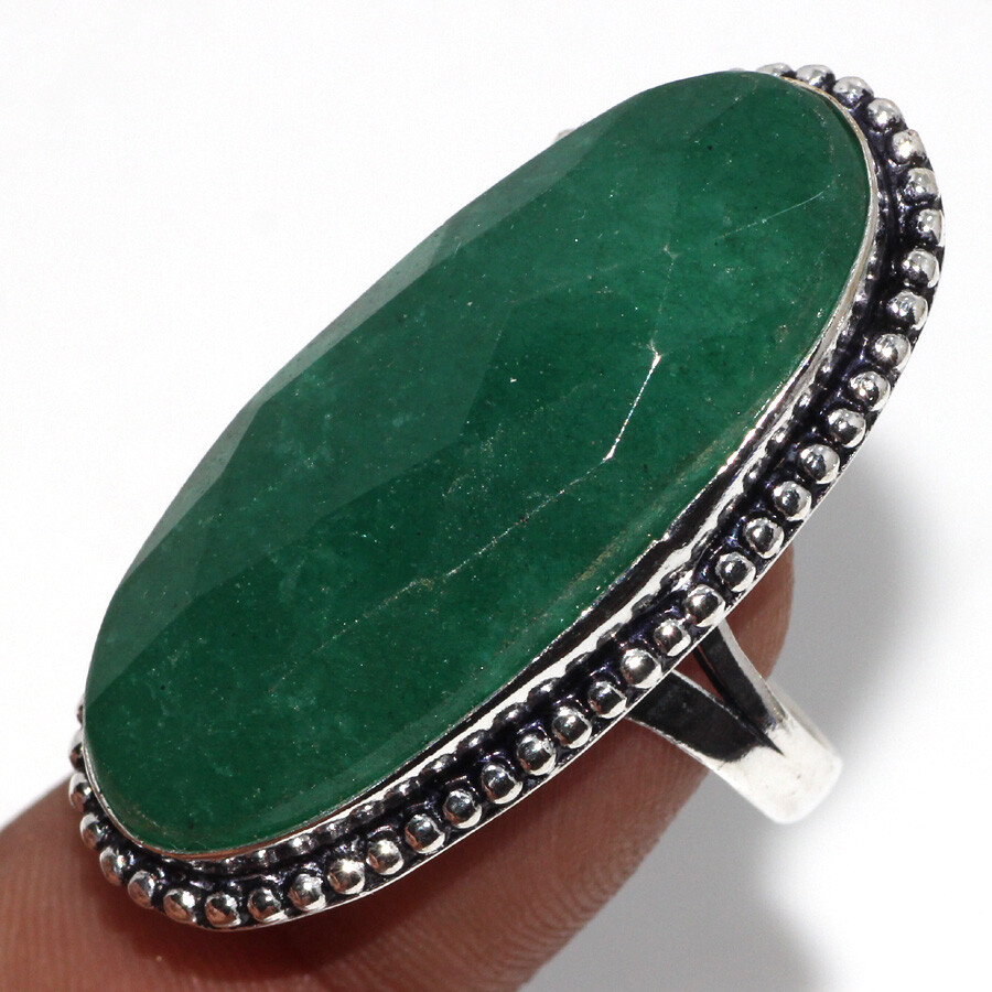 Simulated Emerald 925 Silver Plated Ring Size 9.5 Aesthetic Jewelry JW