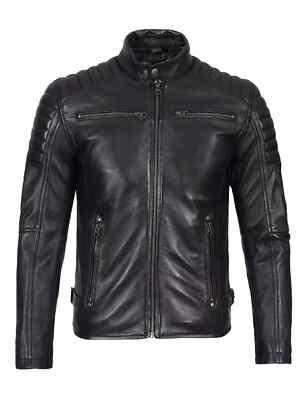 Men's Quilted Motorcycle Biker Jacket Black Genuine Lambskin Leather Racer Coat