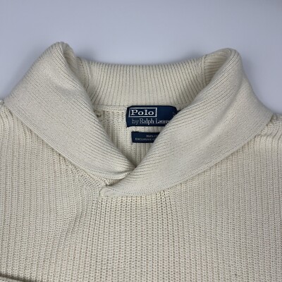 90’s Polo Ralph Lauren ニット Mサイズ 白 ウール Vintage 90s Polo Ralph Lauren White Beige Shawl Neck Sweater Men's