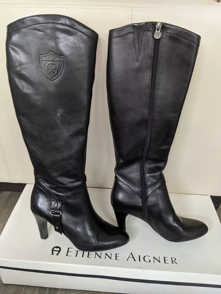 Etienne Aigner Becca E Becca Black Leather Oxford Riding Knee High Boots 6.5