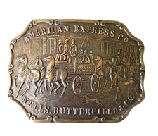 Vintage American Express Co Wells Butterfield & Co Belt Buckle 3.5" Brass Patina