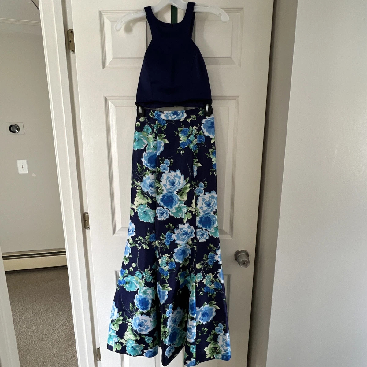 Davids Bridal Two Piece Crop Top and Floral Mermaid Skirt Dress