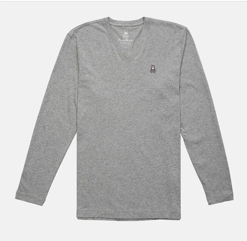 Psycho Bunny Men's Gray Solid Embroidered Bunny Logo V-Neck Long Sleeve T-Shirt