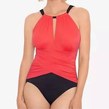 Swim Solutions Coral High Neck Tummy Control One Piece Swimsuit 16 NWT