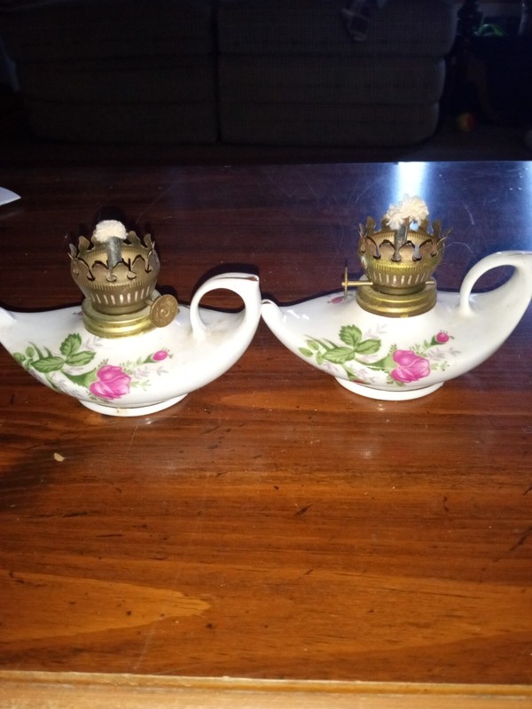 Pair of Vintage Mini Aladdin-Shaped Porcelain Oil Lamps, Moss Rose