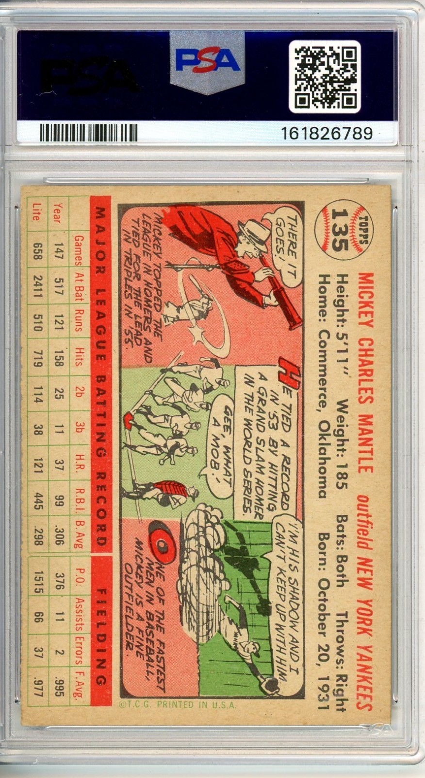 1956 Topps MICKEY MANTLE #135 PSA Grade 4 VG-EX Cond "Just Graded 5-6 Looks" view 2