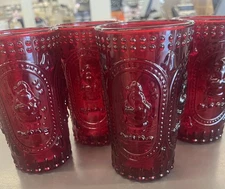 4 Pottery Barn Santa Claus Christmas Highball Embossed Cocktail Glasses red New