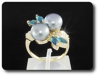 Mineralien Und Steine PréCieuses. Ring Perle & Saphir Blau 2X8 MM Vergoldet 18 K