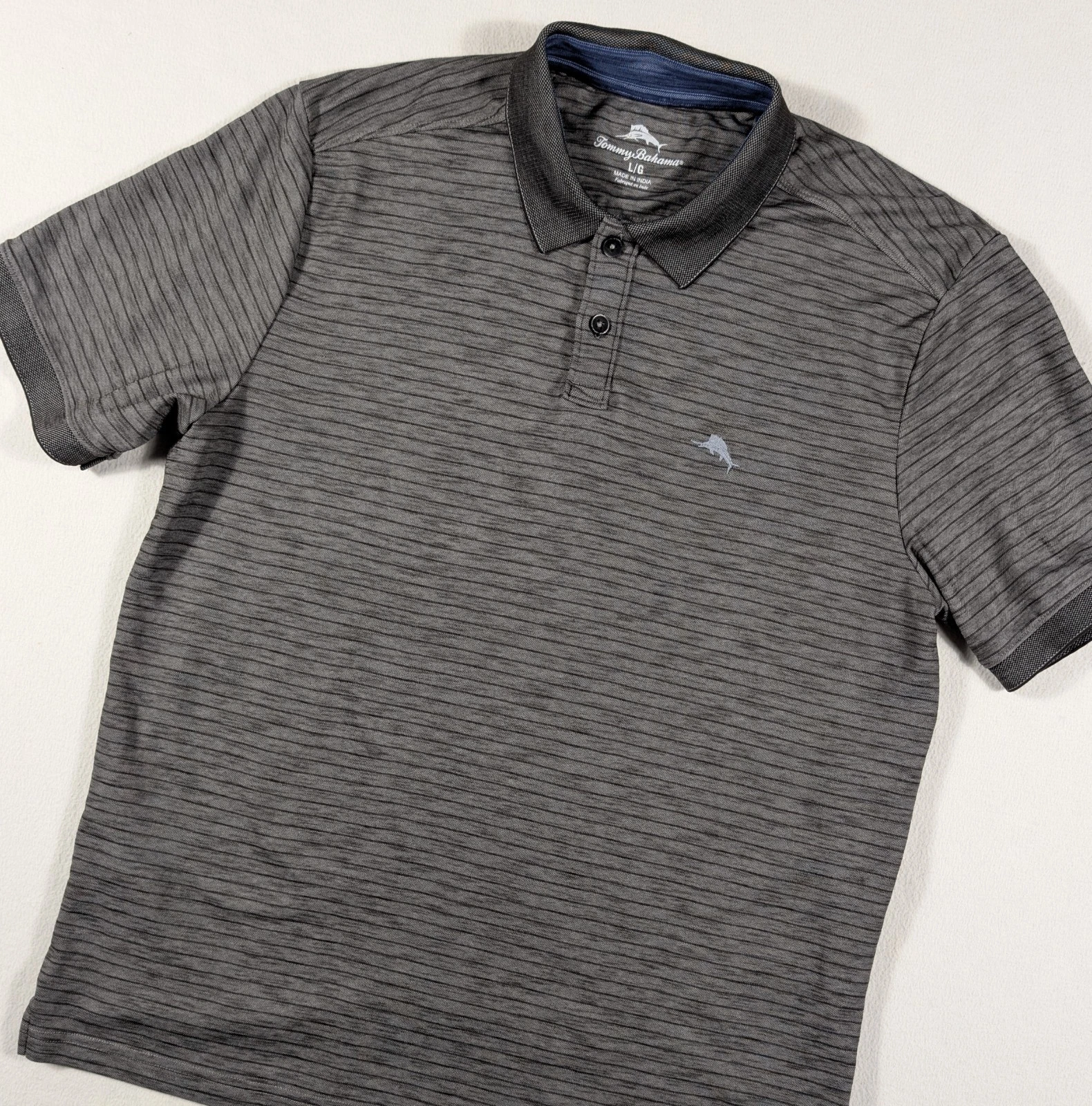 Men's Tommy Bahama L Gray And Black Stripe Short Sleeve Button Up Polo Shirt