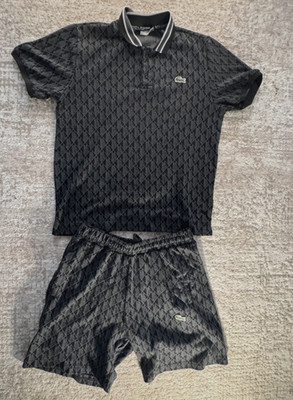 Lacoste Herren Polo Kurzarm geometrisch schwarz/grau Kragen Logo Gr. M