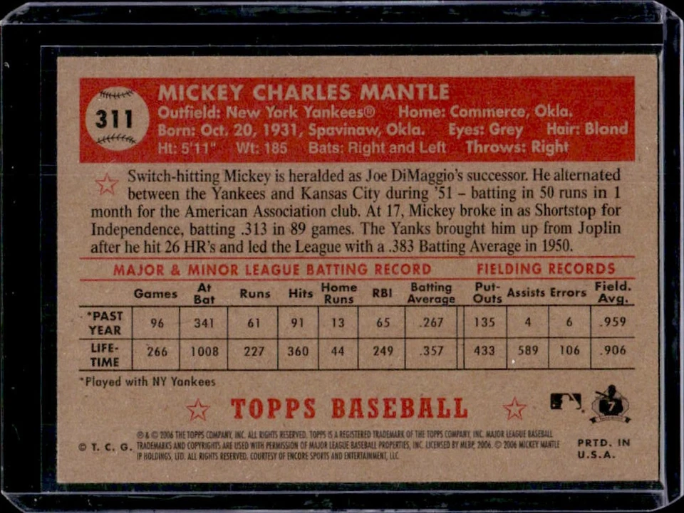 2006 Topps '52 Rookies Mickey Mantle #311d Yankees - Image 2 of 2