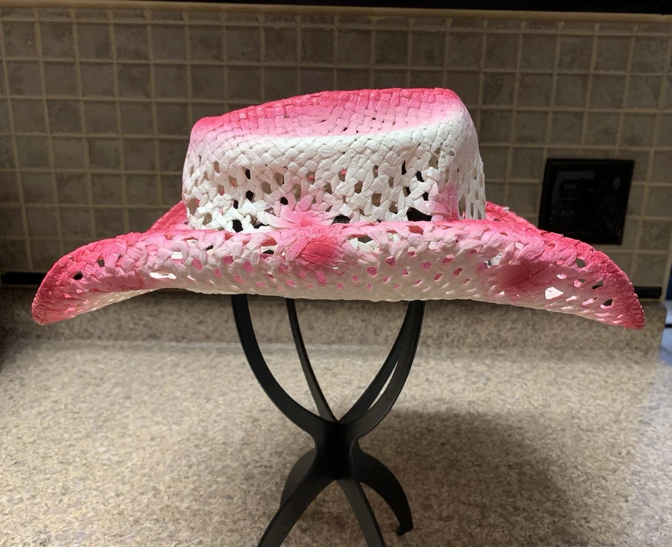 Соломенная розовая и белая ковбойская шляпа с розовой лентой с раковинами Western Express - Изображение 4 из 4
