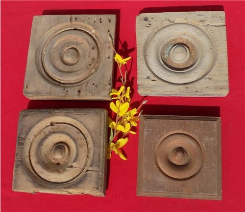 4 Plinth Blocks, Antique Bullseye Rosettes, Architectural Salvage, Wood Trim A17
