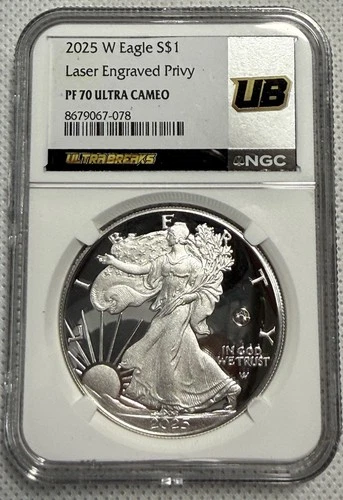 2025-W American Silver Eagle Laser Engraved Privy NGC PF70 Ultra Cameo UB Label
