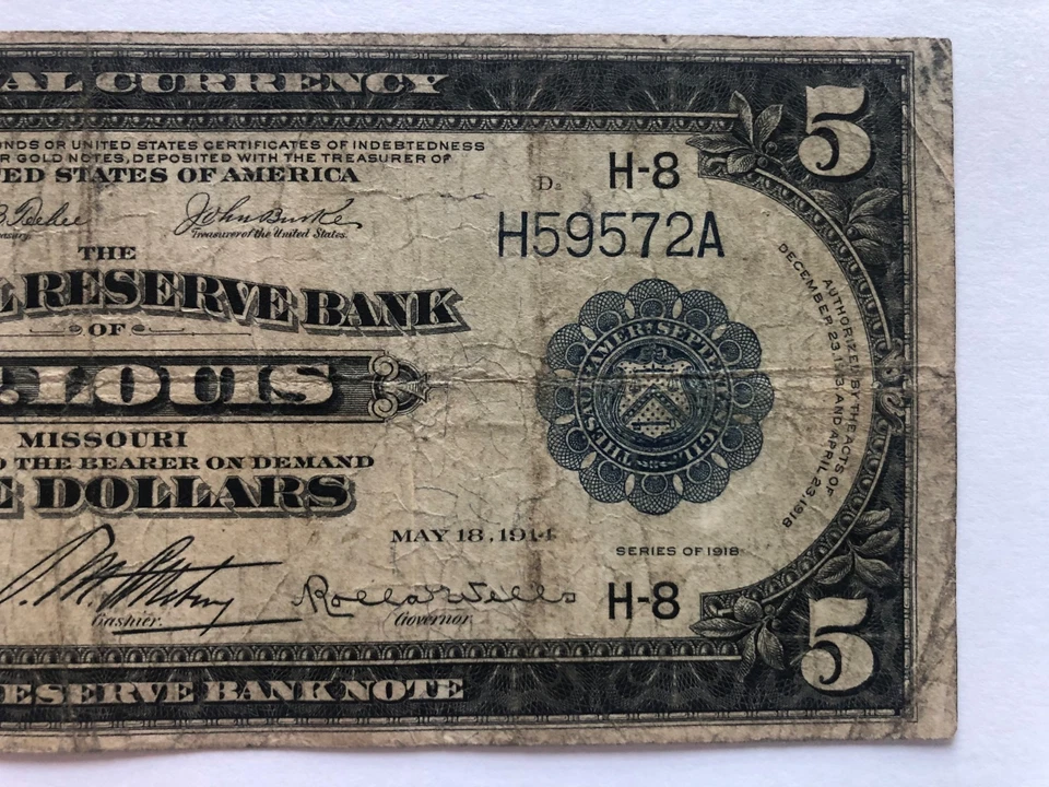 1918 $5 five dollars Federal Reserve Bank Note - St. Louis FR-797 - Image 4 of 4