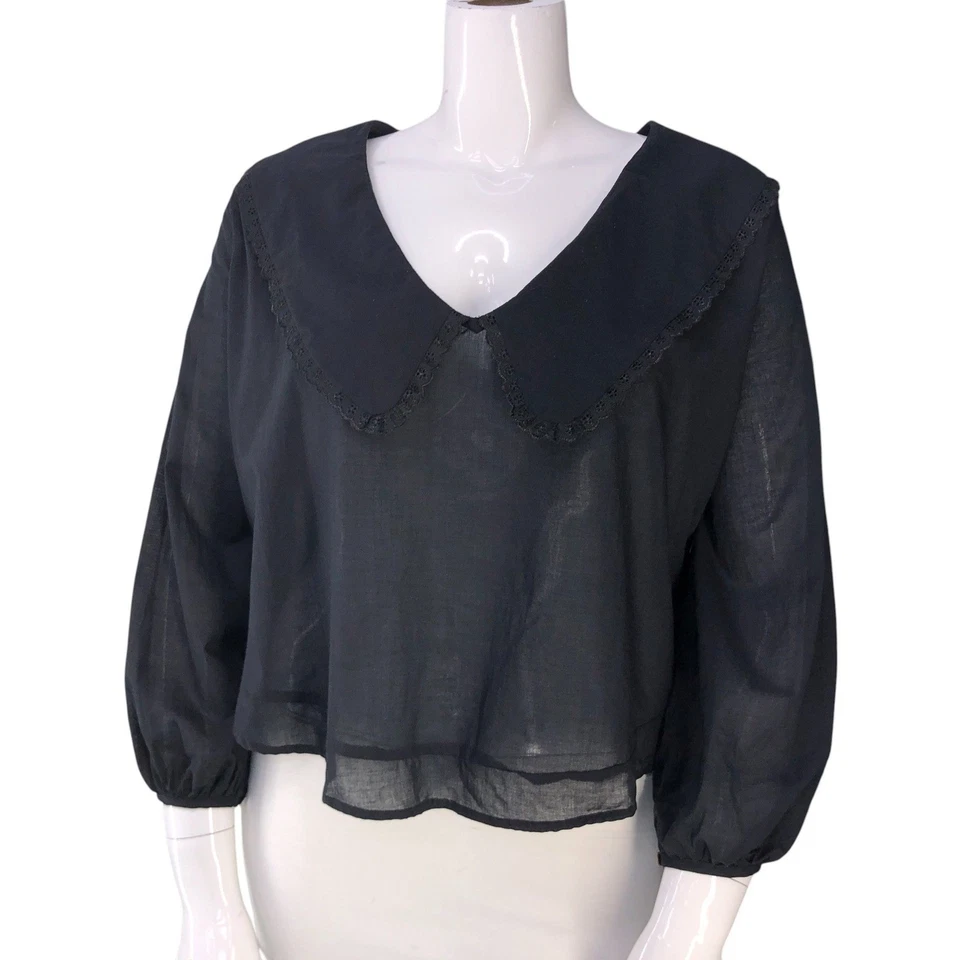 Laneway The Label Blouse Womens M/L Black Cotton Sailor Collar Long Sleeve