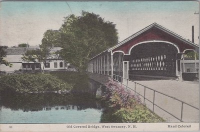 Old Covered Bridge West Swanzey NH 1942 Wooden River Scene Postcard