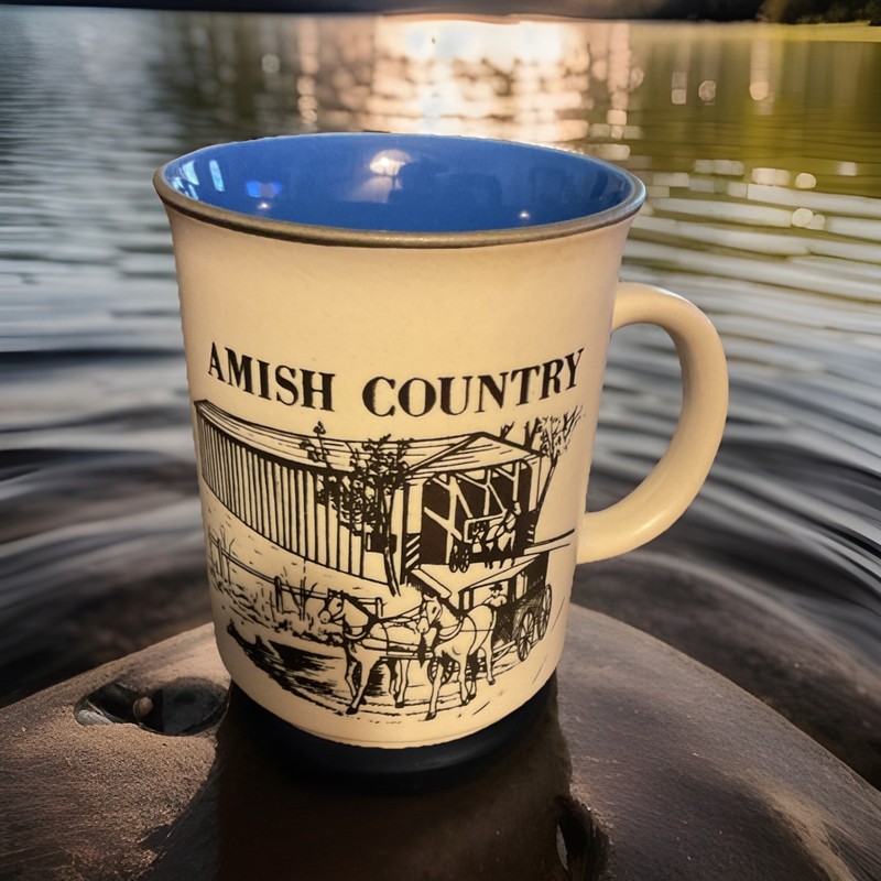 Jacob Ammon Amish Country History Collectible Blue Stoneware 4" Coffee Mug Cup