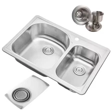 Topmount Drop-In 18G Stainless Steel 33 In. 1-Faucet Hole 70/30 Double Bowl Kitc
