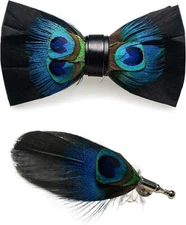 Peacock Bow Tie Feather Pre-tied Bowtie Brooch Sets Tuxedo Banquet Necktie H