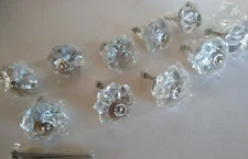 Clear Cut Glass Cabinet Pulls Knobs Lot Of (10) Silver Floral Design 2"
