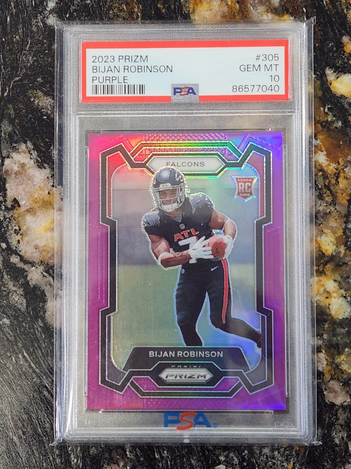 2023 Bijan Robinson RC #305 Panini Purple Prizm Psa 10 Gem Mint #119/125!