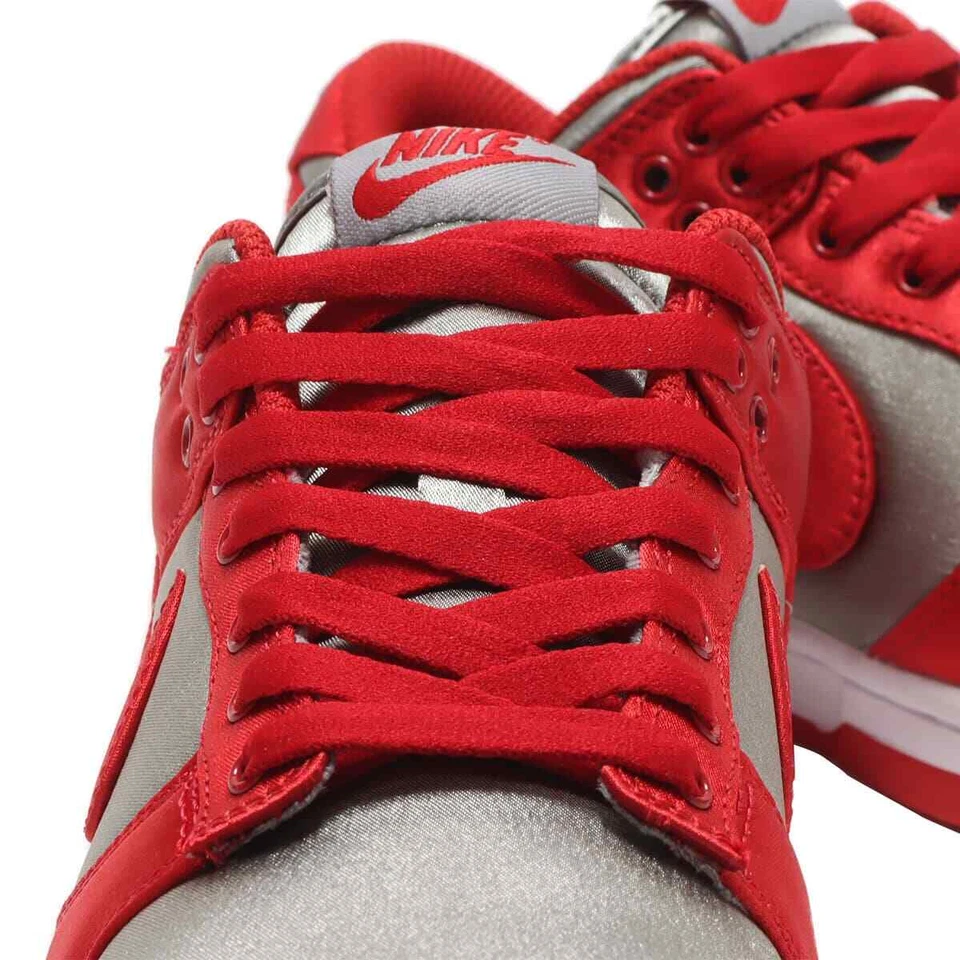 Nike Dunk Low Satin Sneakers Varsity Red Swoosh Retro Grey Trainers Women Size - Image 2 of 4