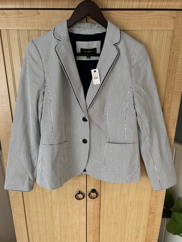 TALBOTS Aberdeen Blazer Size 6 Piped White Navy Stripes Nautical Jacket Preppy - Picture 2 of 6