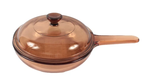 Visions Corning Ware 7" Waffle Bottom Skillet Pan w/Lid Amber Brown France Pyrex