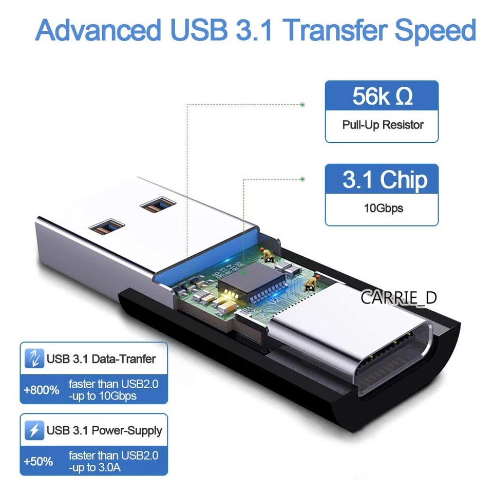 USB 3.1 Type C Female to USB 3.0 Type A Male Adapter Converter Cable Connector - Image 3 of 4
