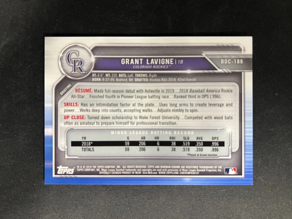 2019 Bowman Draft Chrome #BDC-188 Grant Lavigne Rockies Green Refractor /99 - Image 2 of 2