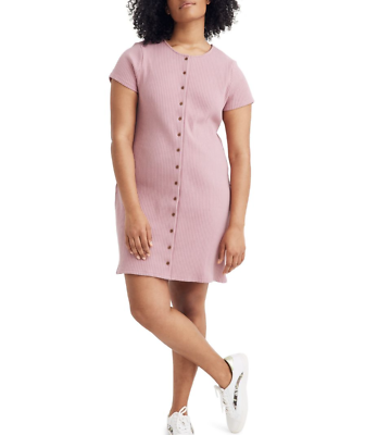MADEWELL WOMEN'S PINK SHORT SLEEVE BUTTON FRONT RIBBED MINI DRESS