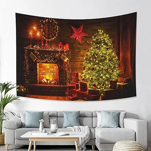 Christmas Tapestry Wall Hanging Xmas Pine Trees Fireplace