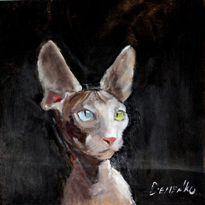 Natali Demenko Signed Oil painting Cat sphinx Portrait Impression Collectible 