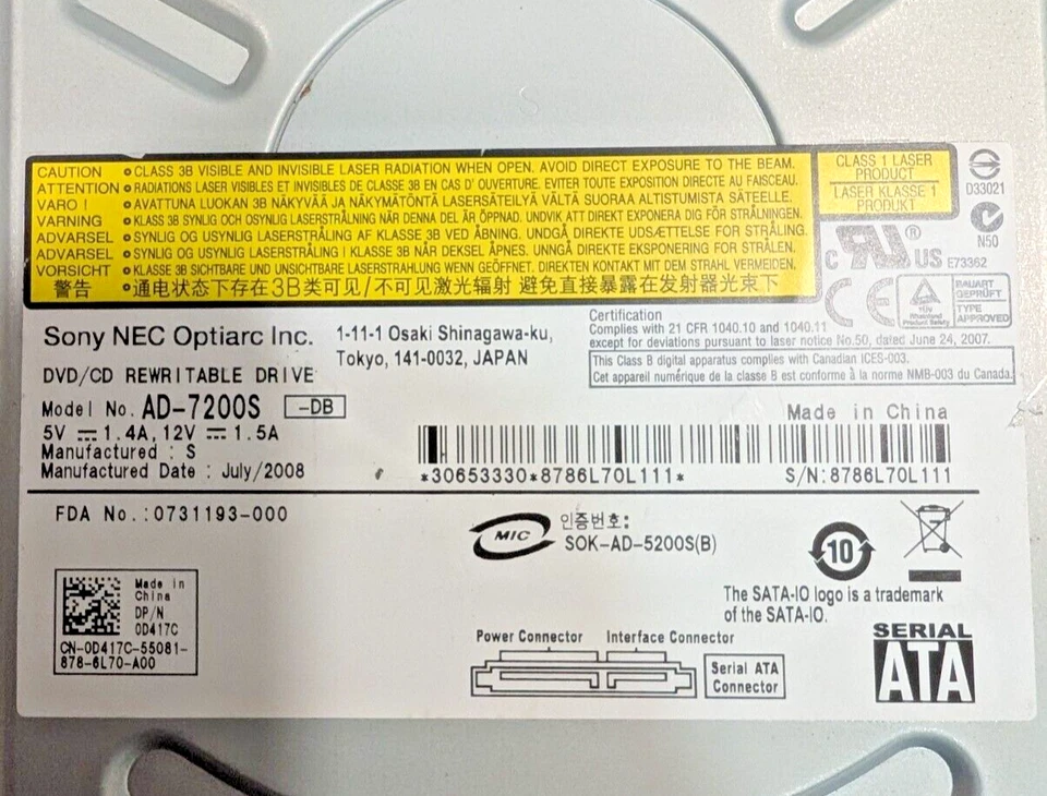 Unidad de disco Sony AD-7200S Dell 0D417C DVD±RW SATA regrabable DvD/CD DVD/RW Foto 2 de 2