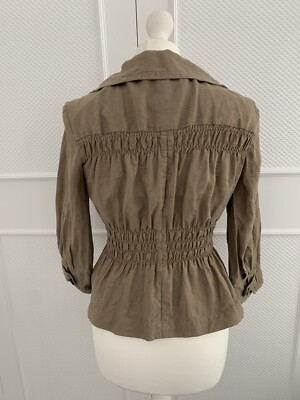 Zara Women Beige 100% Linen 3/4 Sleeve Ruched Blazer Jacket - Main Image