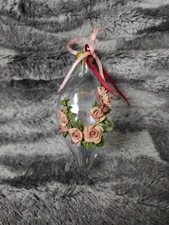 Christmas Ornament Bauble Clear Glass Pink Roses Embellishment Holiday Decor