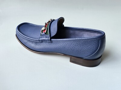 ※招き猫※ GUCCI レザーシューズ 386575 ブルー Gucci Men's 8.5 Loafers Blue Leather Horsebit Web Strap UK