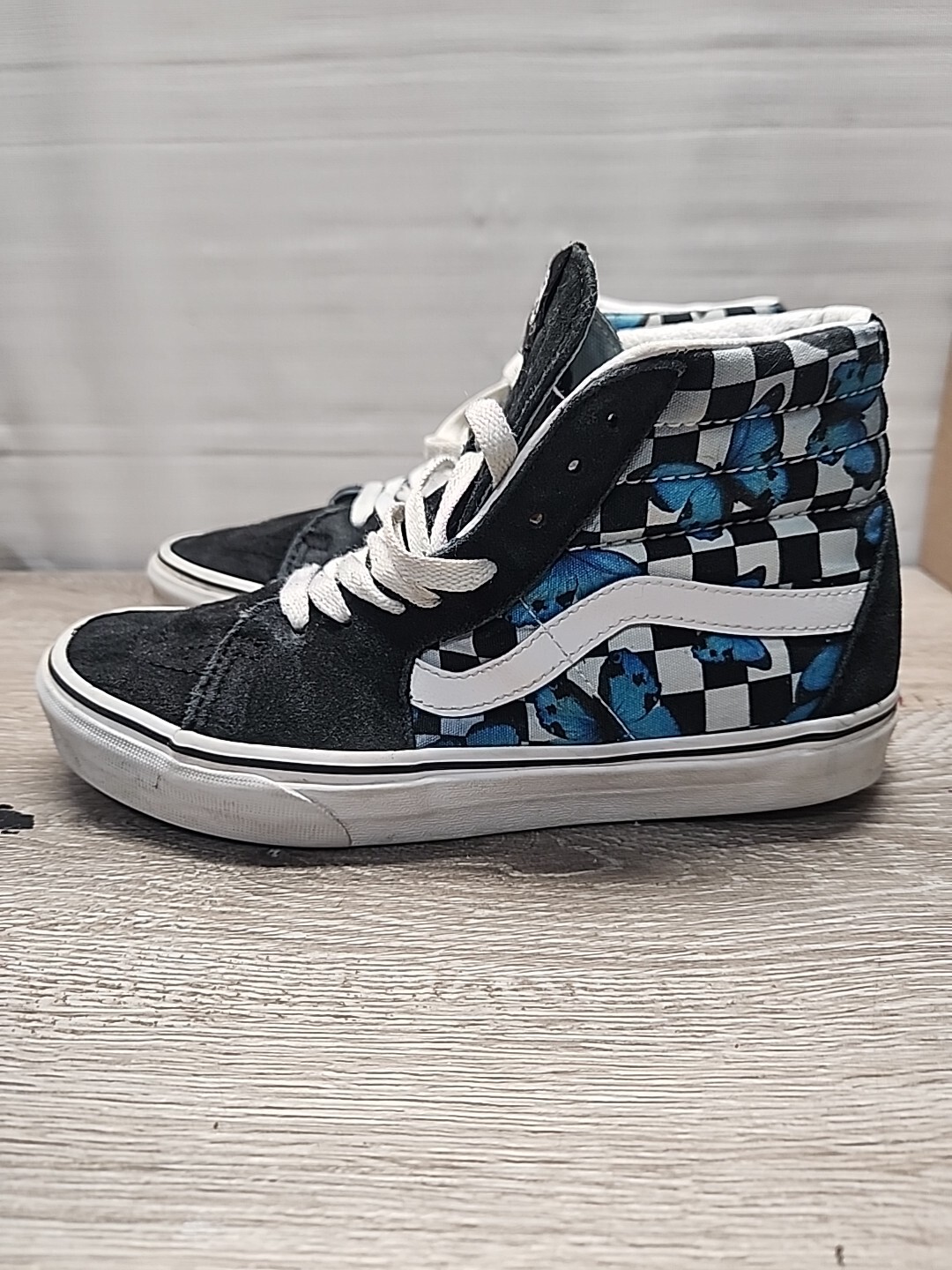 VANS Sk8 Hi-Top Butterfly Check Black Suede Blue Skate Women's