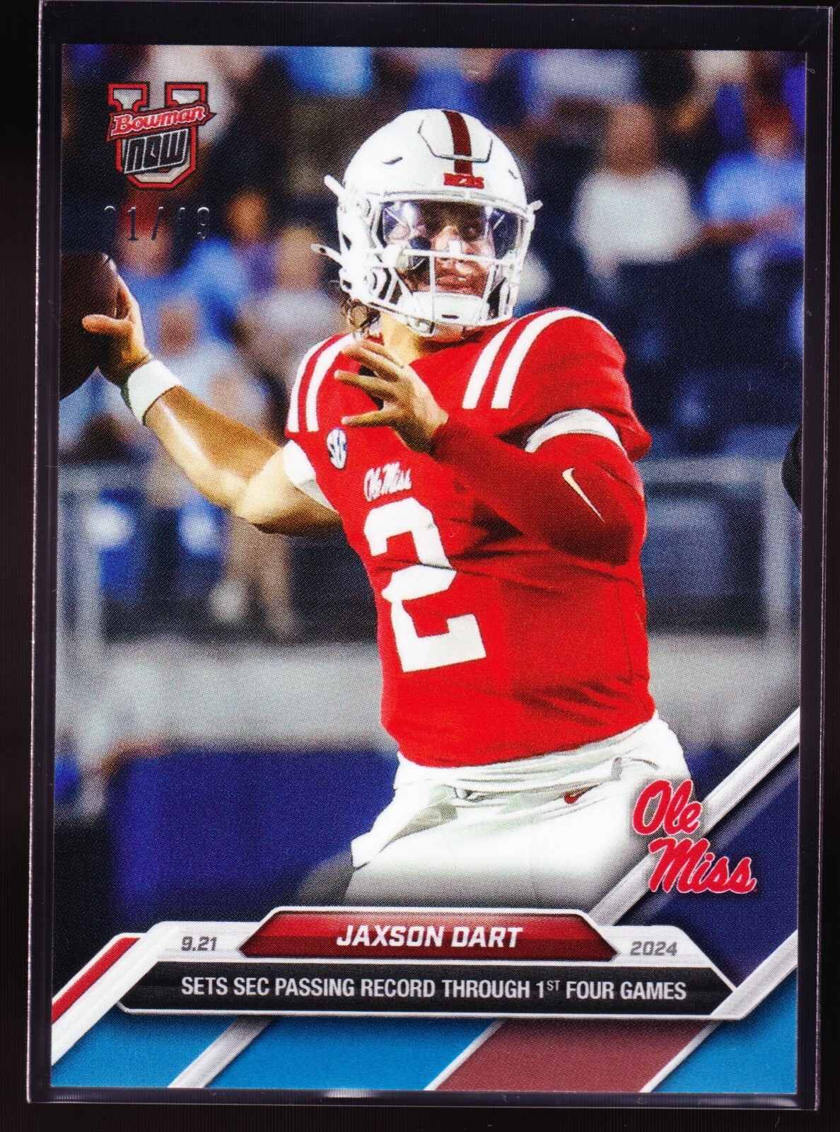 Jaxson Dart 2024 Bowman U Now #16 Ole Miss Rebels SEC Passing Record Blue 01/49