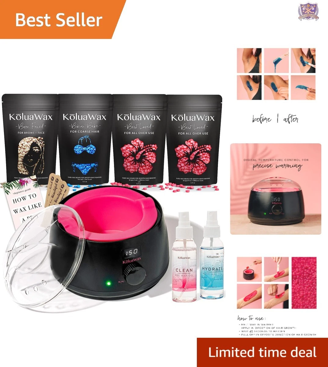 Deluxe Complete Waxing Kit - Hot Melt Wax Warmer - Face, Bikini, Legs,  All-Body