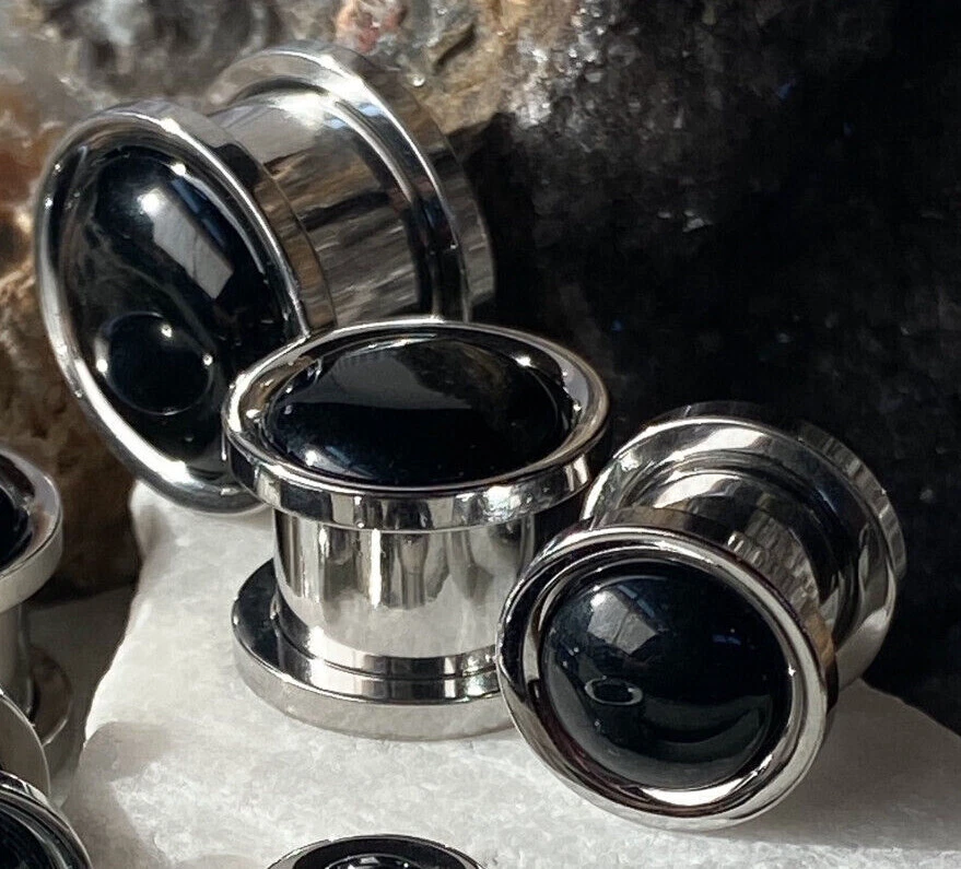 PAR Cúpula de Piedra de Ónix Acero Tornillo Ajuste Túneles Medidores Tapones Joyería Corporal Foto 2 de 4