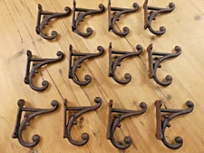 12 RUSTIC COAT HOOKS ANTIQUE STYLE CAST IRON 4.5" WALL DOUBLE RESTORATION BROWN
