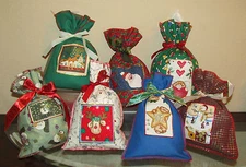 5 Small Christmas Fabric Gift Wrap Re-Usable Wrapping Bags  Great for Gift Cards